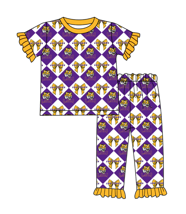 Custom moq 5 mix size Purple Plaid Baby Pajama Set Short-Sleeved Top And Trousers Comfortable Sleepwear for Baby Girls Clothing Team Set