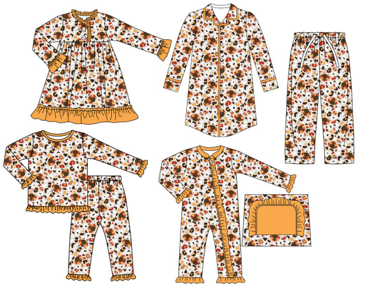 25.6.25 custom each style moq 5eta 4-6week Sibling Sisters turkey leopard baby girl long sleeve pants sets and adult top and adult pants and romper and dress match family design