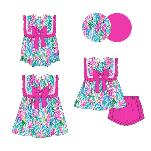 3.14 custom each style moq 5eta 4-6week Sibling Sisters floral pattern baby girl short sleeve shorts sets and dress and rompers match family design