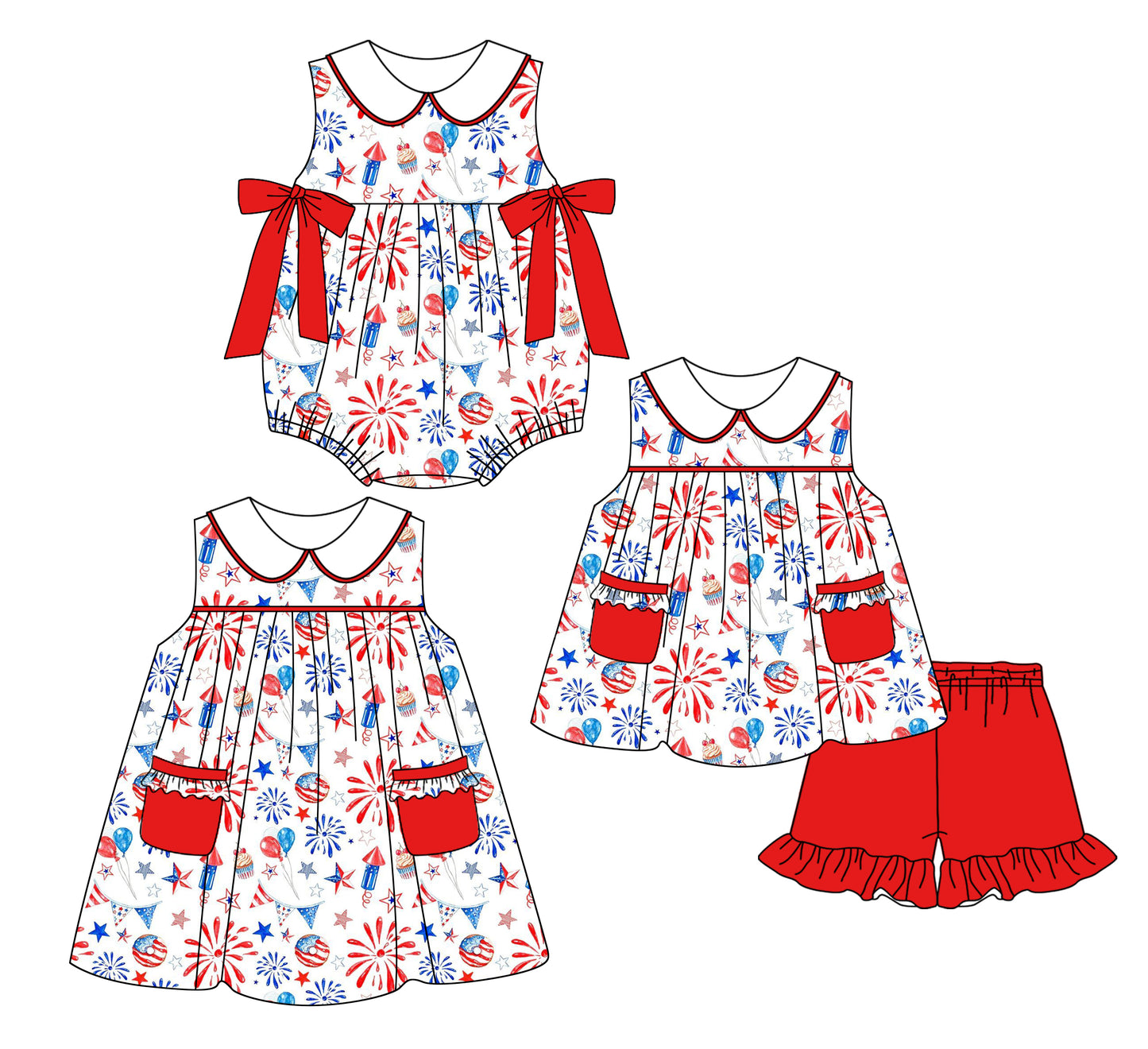 2.21 custom each style moq 5eta 4-6week Sibling Sister firework baby girl short sleeve shorts sets and dress and rompers match family design