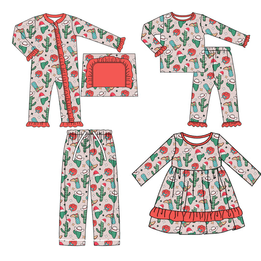 25.6.9 custom each style moq 5eta 4-6week Sibling Sisters Christmas catcus baby girl long sleeve pants sets and romper and dress and adult pants match family design