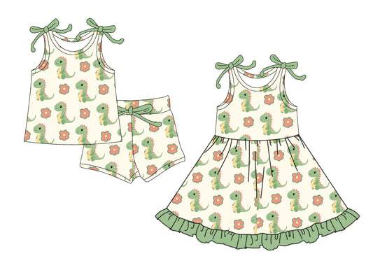 4.18 custom each style moq 5eta 4-6week Sibling Sister dinosaur baby girl short sleeve shorts sets and dresses match design