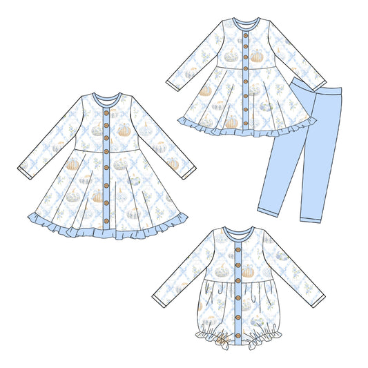 25.6.24 custom each style moq 5eta 4-6week Sibling Sisters pumpkin bow baby girl long sleeve pants sets and dress and rompers match family design