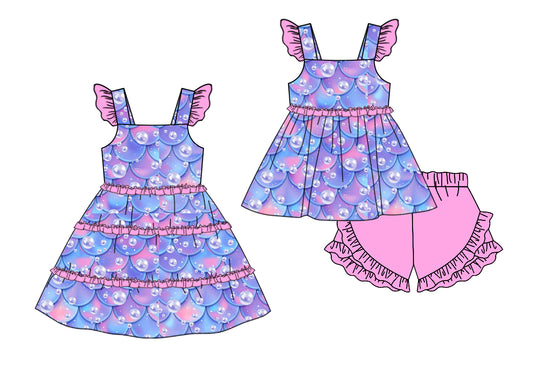 11.13 custom each style moq 5eta 4-6week Sibling Sister purple baby girl short sleeve shorts sets and dresses match design