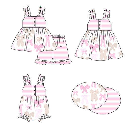 1.16 custom each style moq 5eta 4-6week Sibling Sisters bow baby girl short sleeve shorts sets and dress and rompers match family design