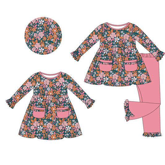 25.5.20 custom each style moq 5eta 4-6week Sibling Sisters floral baby girl long sleeve pants sets and dress match family design