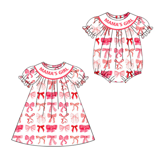 4.19 custom each style moq 5eta 4-6week Sibling Sisters MAMA GIRL bow baby girl short sleeve dress and rompers match family design