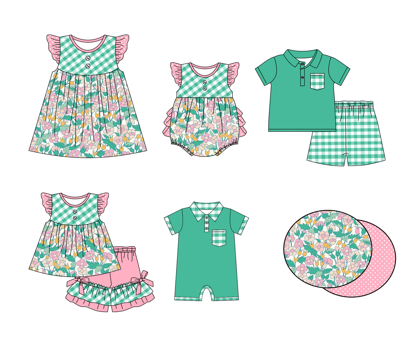 11.2 custom each style moq 5eta 4-6week Sibling Sister floral baby girl short sleeve shorts sets and briefs sets 2 and girls romper and boy romper and dress match design
