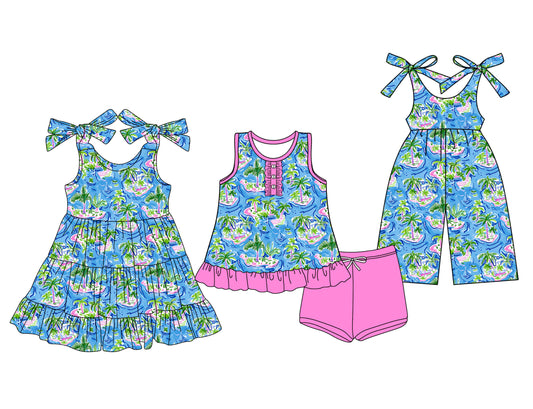 3.13 custom each style moq 5eta 4-6week Sibling Sister floral baby girl short sleeve shorts sets and dresses and jumpsuit match design