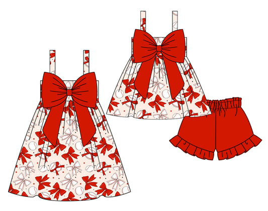 2.19 custom each style moq 5eta 4-6week Sibling Sister bow baseball baby girl short sleeve shorts sets and dresses match design