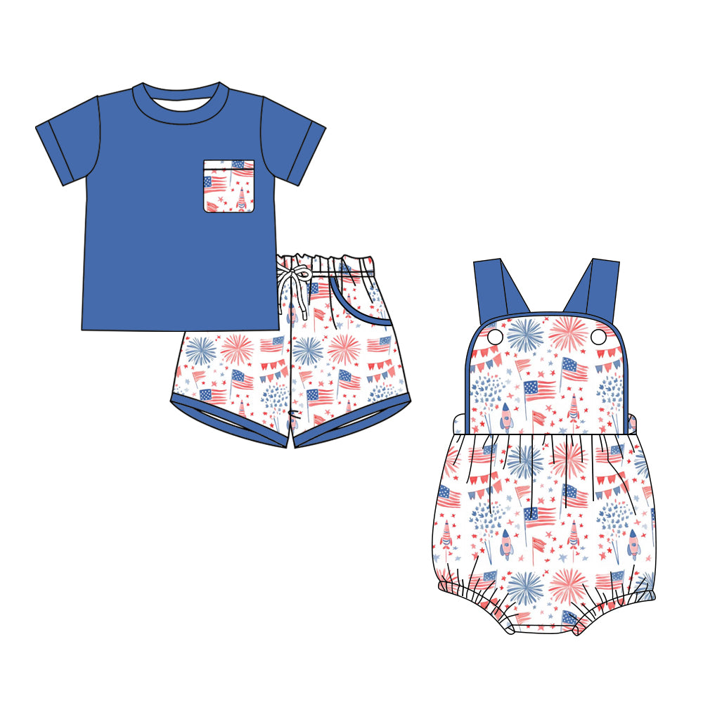 3.2  Custom moq 5 mix size Sibling 4th of July Baby Boys Romper Short-Sleeved Blue Top And Shorts Set for Infants