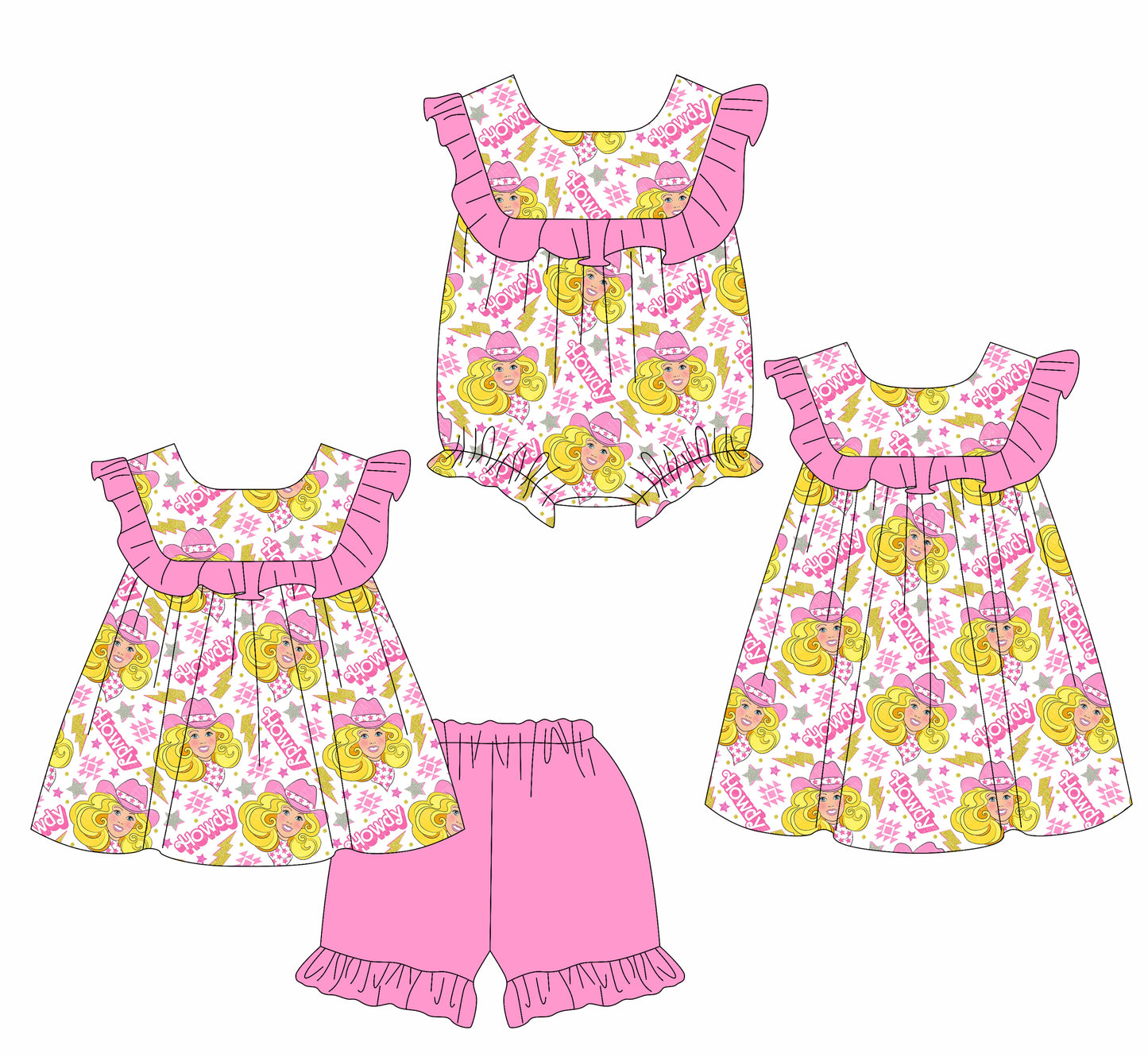2.11 custom each style moq 5eta 4-6week Sibling Sisters howdy baby girl short sleeve shorts sets and dress and rompers match family design
