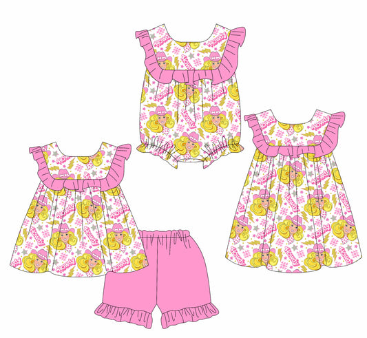 2.11 custom each style moq 5eta 4-6week Sibling Sisters howdy baby girl short sleeve shorts sets and dress and rompers match family design