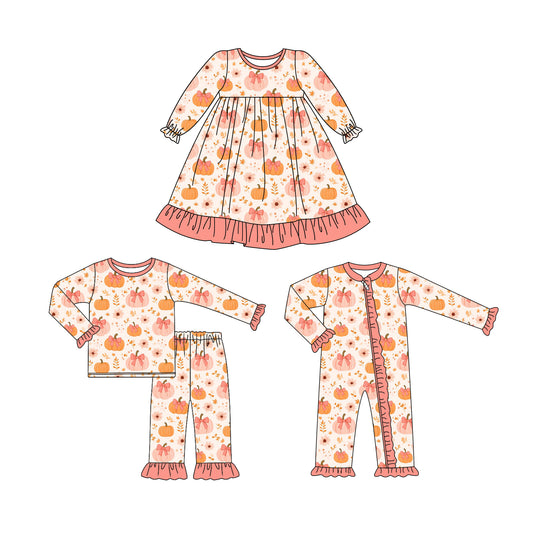25.6.16 custom each style moq 5eta 4-6week Sibling Sisters pumpkin baby girl long sleeve pants sets and dress and rompers match family design