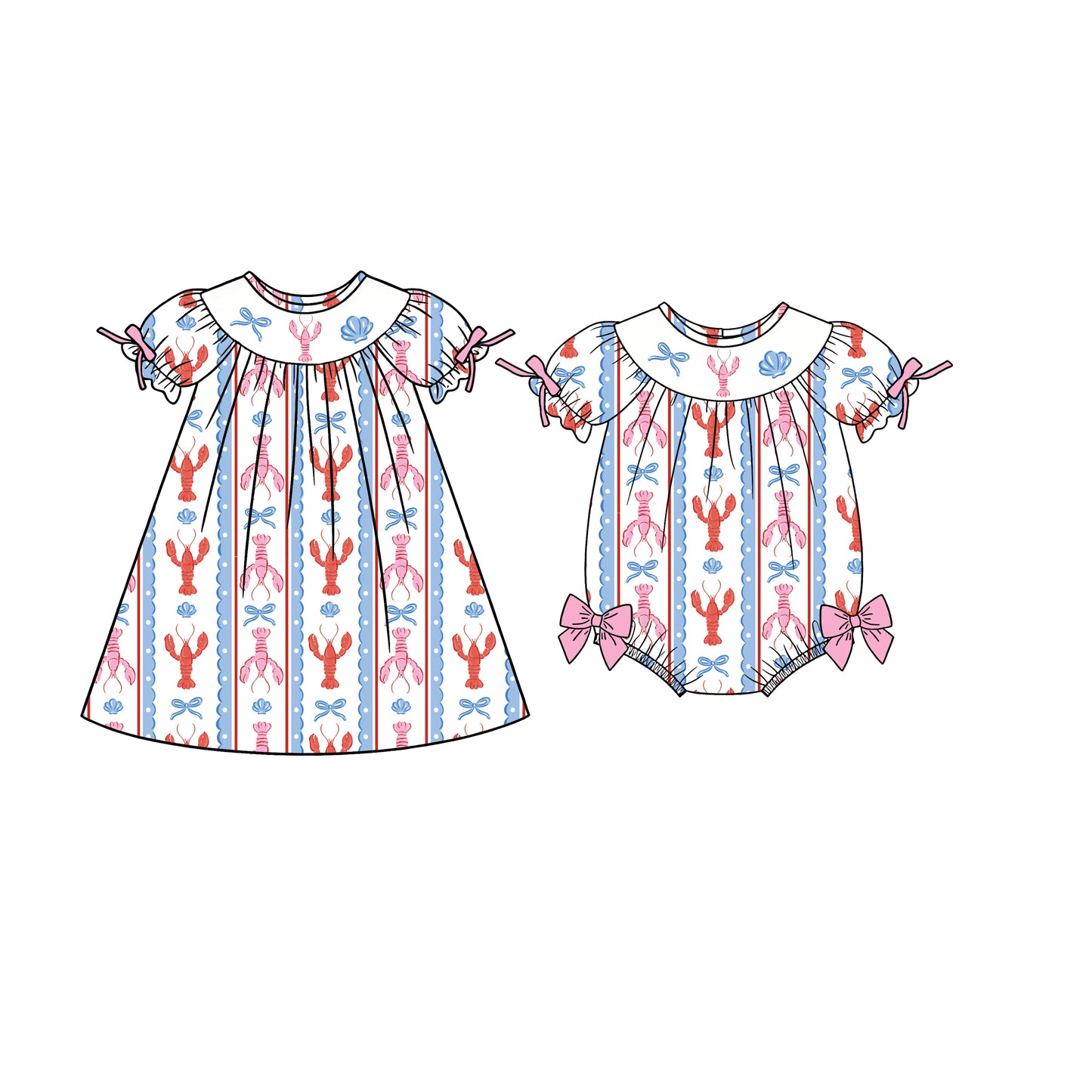 25.12.29 custom each style moq 5 eta 6-8week Sibling Sister lobster bow baby short sleeve romper and dress match design