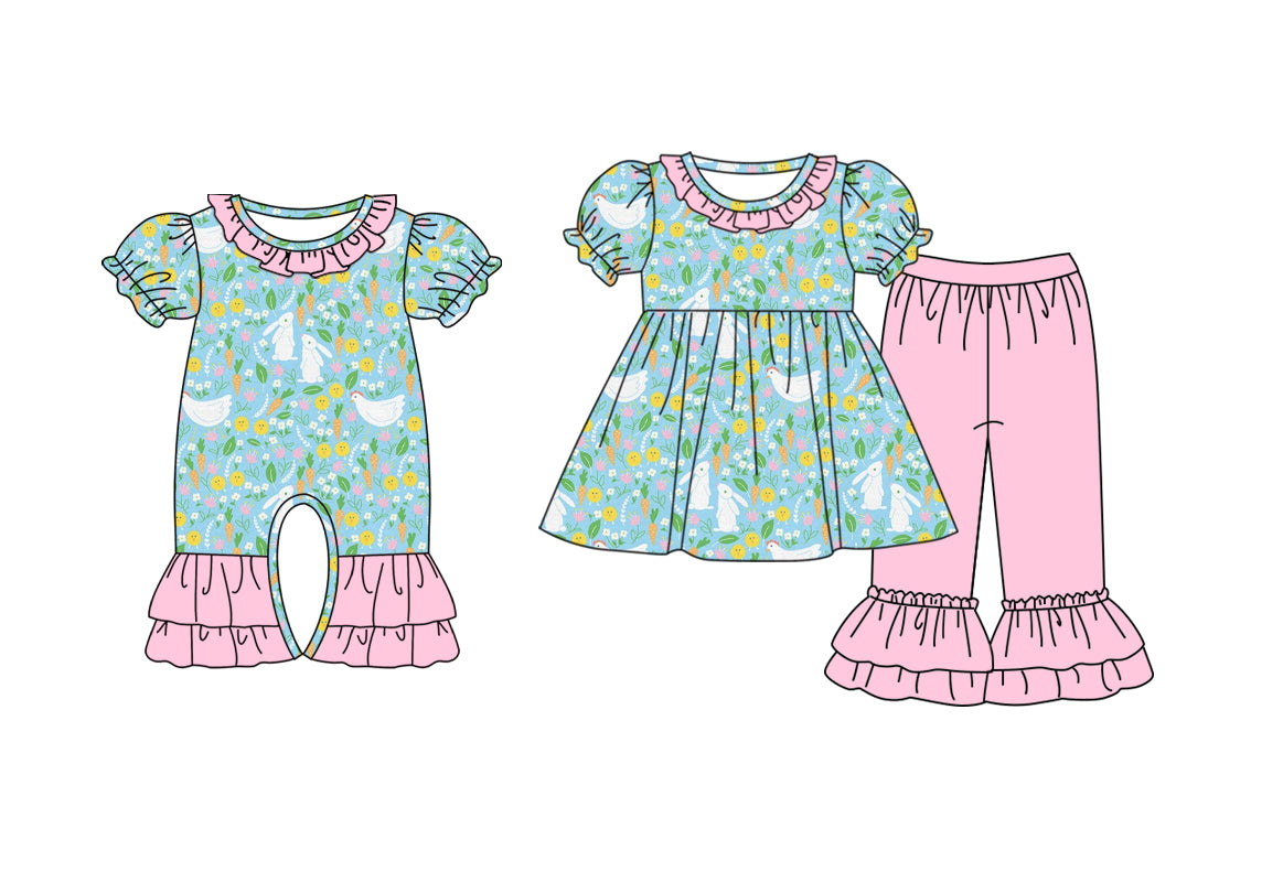 25.9.22 custom each style moq 8 eta 6-8week Sibling Sisters bunny floral baby girl clothes short sleeve pants sets and romper match family design