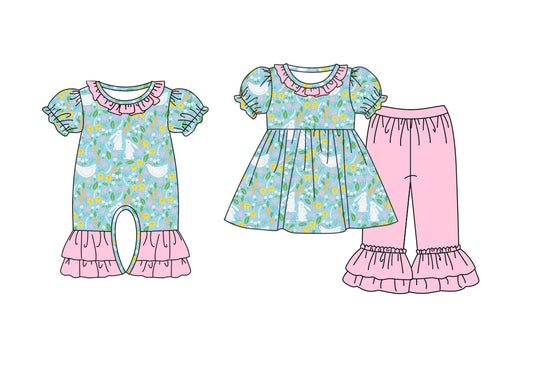 25.9.22 custom each style moq 8 eta 6-8week Sibling Sisters bunny floral baby girl clothes short sleeve pants sets and romper match family design