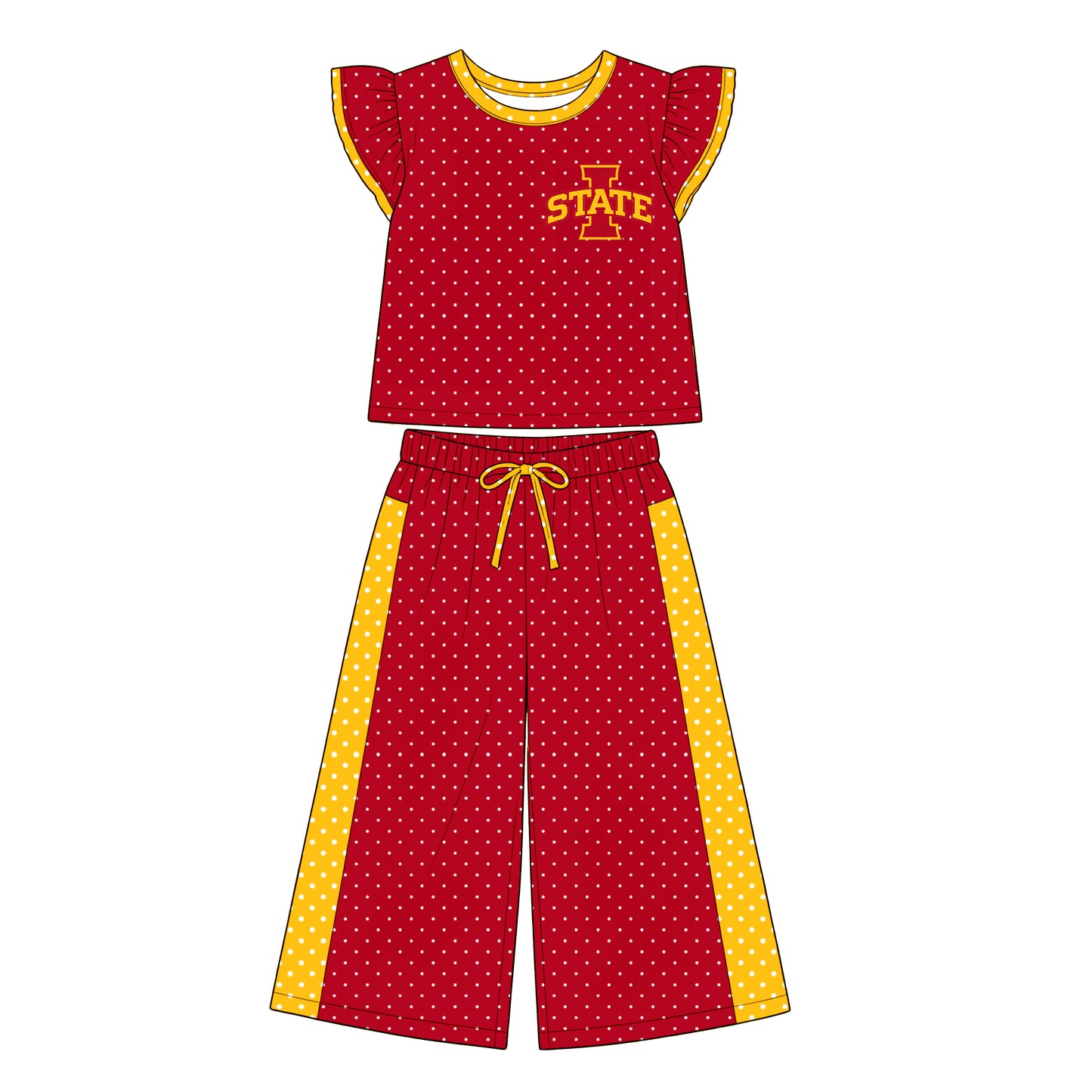 custom moq 5 mix size XRCXF071401 Baby Girls Polka Dot Print Flutter Sleeve Top Bell Bottom Flare Pants Two Piece Team Clothes Set