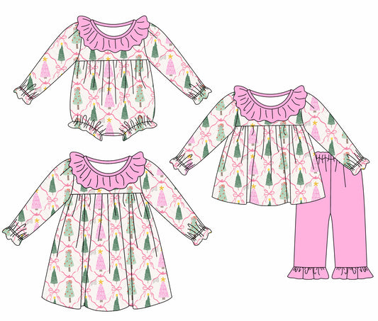 25.5.26 custom each style moq 5eta 4-6week Sibling Sisters Christmas bow pink baby girl long sleeve pants sets and dress and rompers match family design