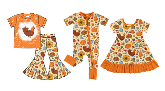 25.7.8 custom each style moq 5eta 4-6week Sibling Sisters turkey orange baby girl long sleeve pants sets and dress and rompers match family design