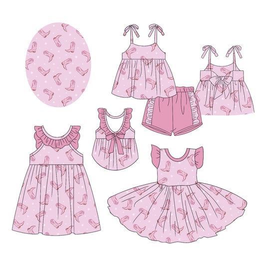 2.17 custom each style moq 5eta 4-6week Sibling Sister boots baby girl short sleeve shorts sets and dress and dress 2 match design