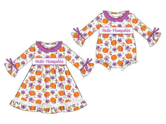 25.5.12 custom each style moq 5eta 4-6week Sibling Sisters Hello pumpkin baby girl long sleeve dress and rompers match family design