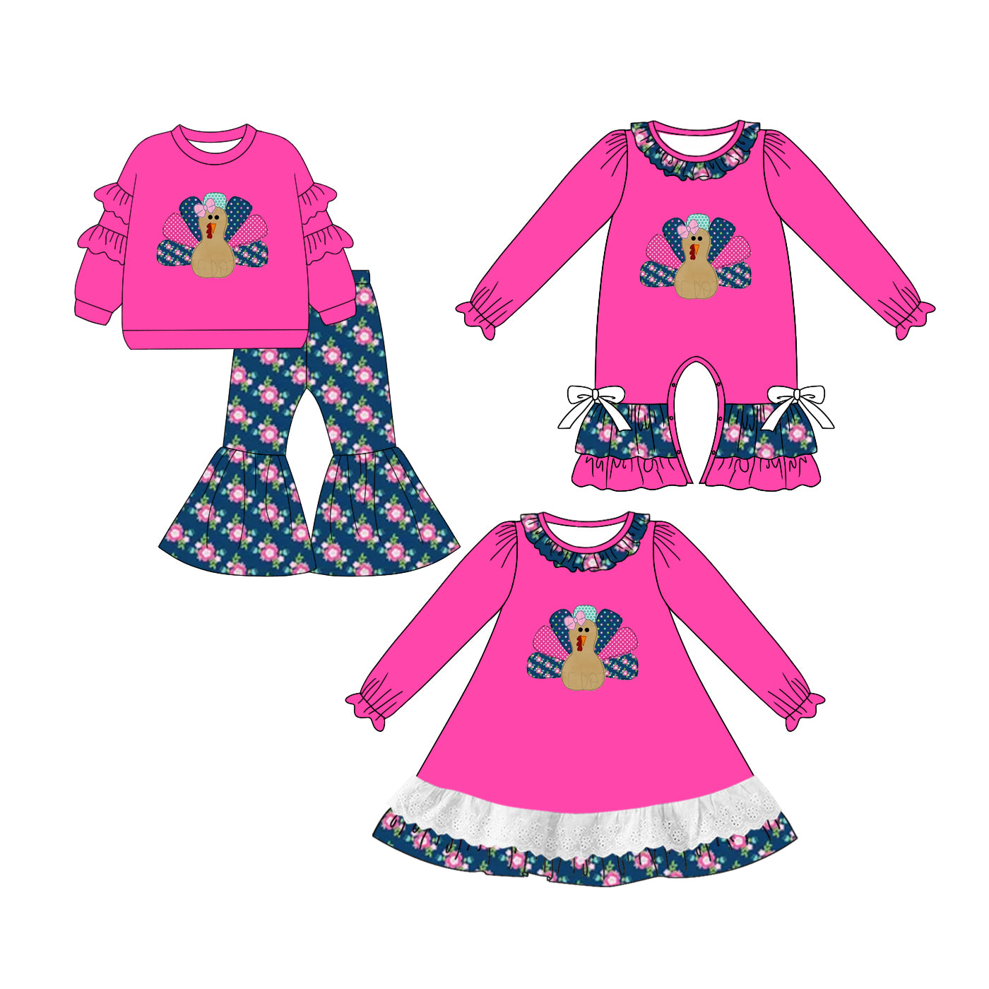 25.6.14 custom each style moq 5eta 4-6week Sibling Sisters turkey rose red baby girl long sleeve pants sets and dress and rompers match family design