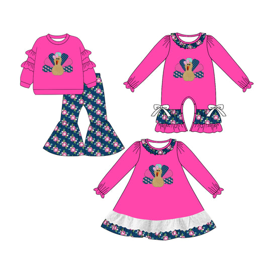 25.6.14 custom each style moq 5eta 4-6week Sibling Sisters turkey rose red baby girl long sleeve pants sets and dress and rompers match family design