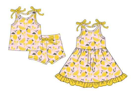 4.12 custom each style moq 5eta 4-6week Sibling Sister lemon baby girl short sleeve shorts sets and dresses match design