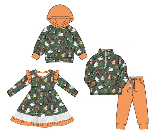 25.8.7 custom each style moq 5eta 4-6week Sibling Sisters halloween baby girl long sleeve pants sets and dress and hooded top match family design