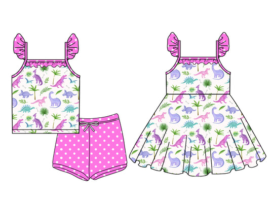 3.20 custom each style moq 5eta 4-6week Sibling Sister dinosaur baby girl short sleeve shorts sets and dresses match design