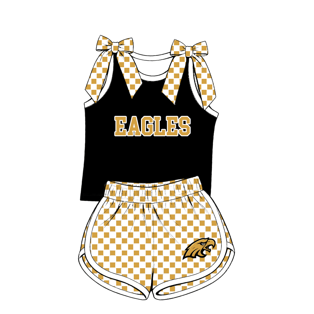 custom moq 5 mix size MSD070707 Baby Girls Checked Bow Sleeveless Tank Top Checked Elastic Waist Shorts Set
