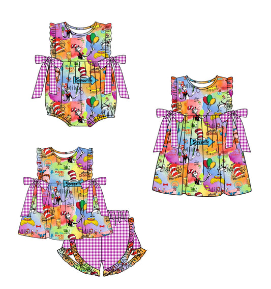 12.12 custom each style moq 5eta 4-6week Sibling Sister dr seuss baby girl short sleeve shorts sets and dress and rompers match family design