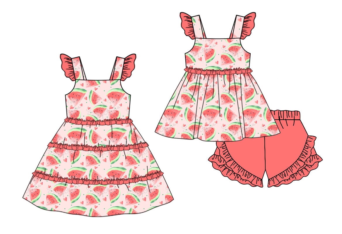 11.9 custom each style moq 5eta 4-6week Sibling Sister watermelon baby girl short sleeve shorts sets and dresses match design