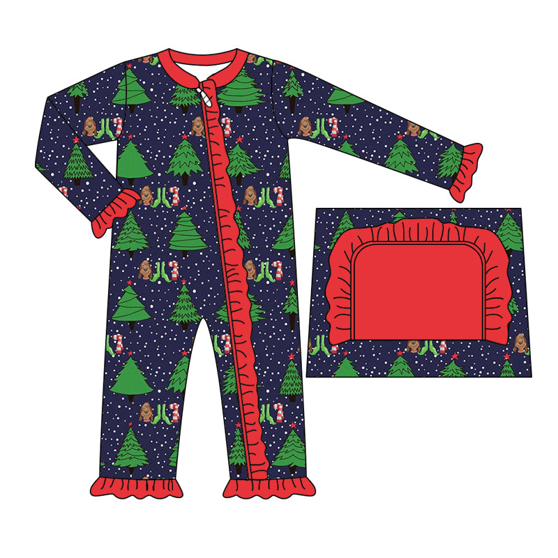 8.7 custom each style moq 5eta 4-6week Sibling Sister Christmas trees navy blue baby girls sets and rompers match family design