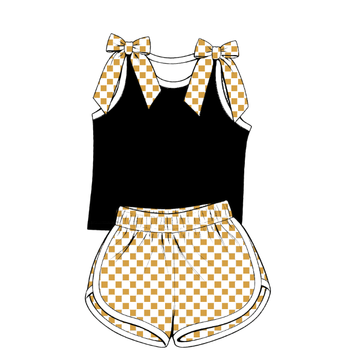 custom moq 5 mix size Baby Girls Checked Bow Sleeveless Top Shorts Summer Outfit Sets