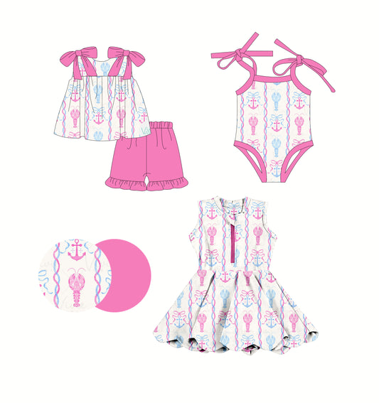 2.24 custom each style moq 5eta 4-6week Sibling Sisters crayfish baby girl short sleeve shorts sets and dress and rompers match family design