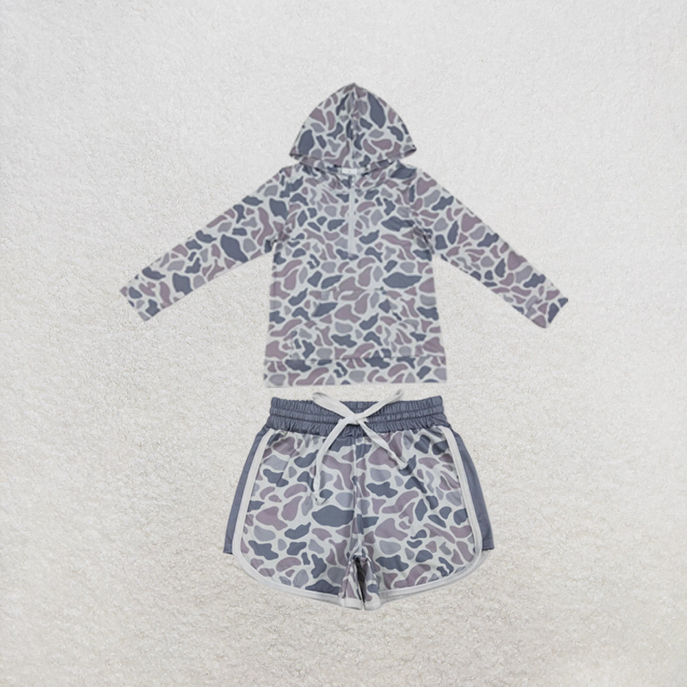RTS NO MOQ Sibling milk silk Baby Girls Long Sleeve Grey Camo Print Hoodie Top Matching Pocket Shorts Two Piece Casual Clothes Set