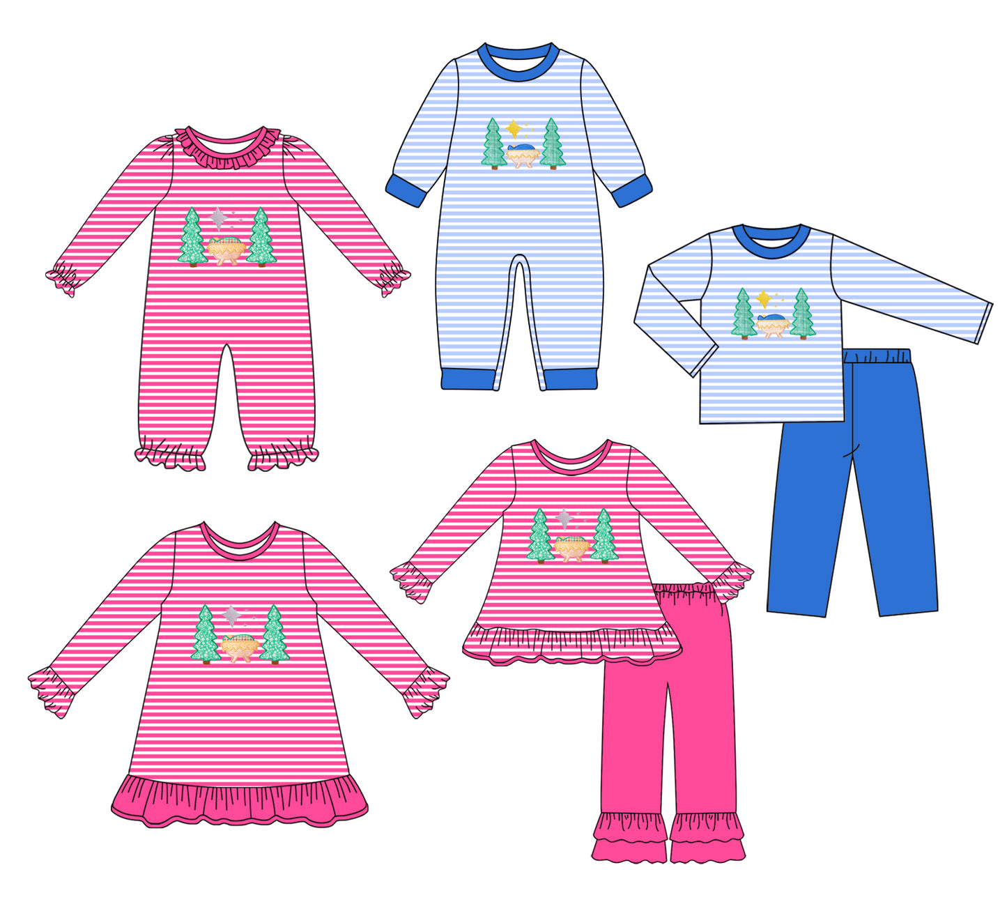 25.8.19 custom each style moq 5 eta 4-6week Sibling Sisters Christmas trees baby girl long sleeve pants sets 2 and romper 1 and romper 2 and dress match family design