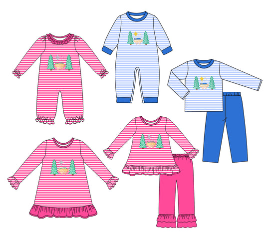 25.8.19 custom each style moq 5 eta 4-6week Sibling Sisters Christmas trees baby girl long sleeve pants sets 2 and romper 1 and romper 2 and dress match family design