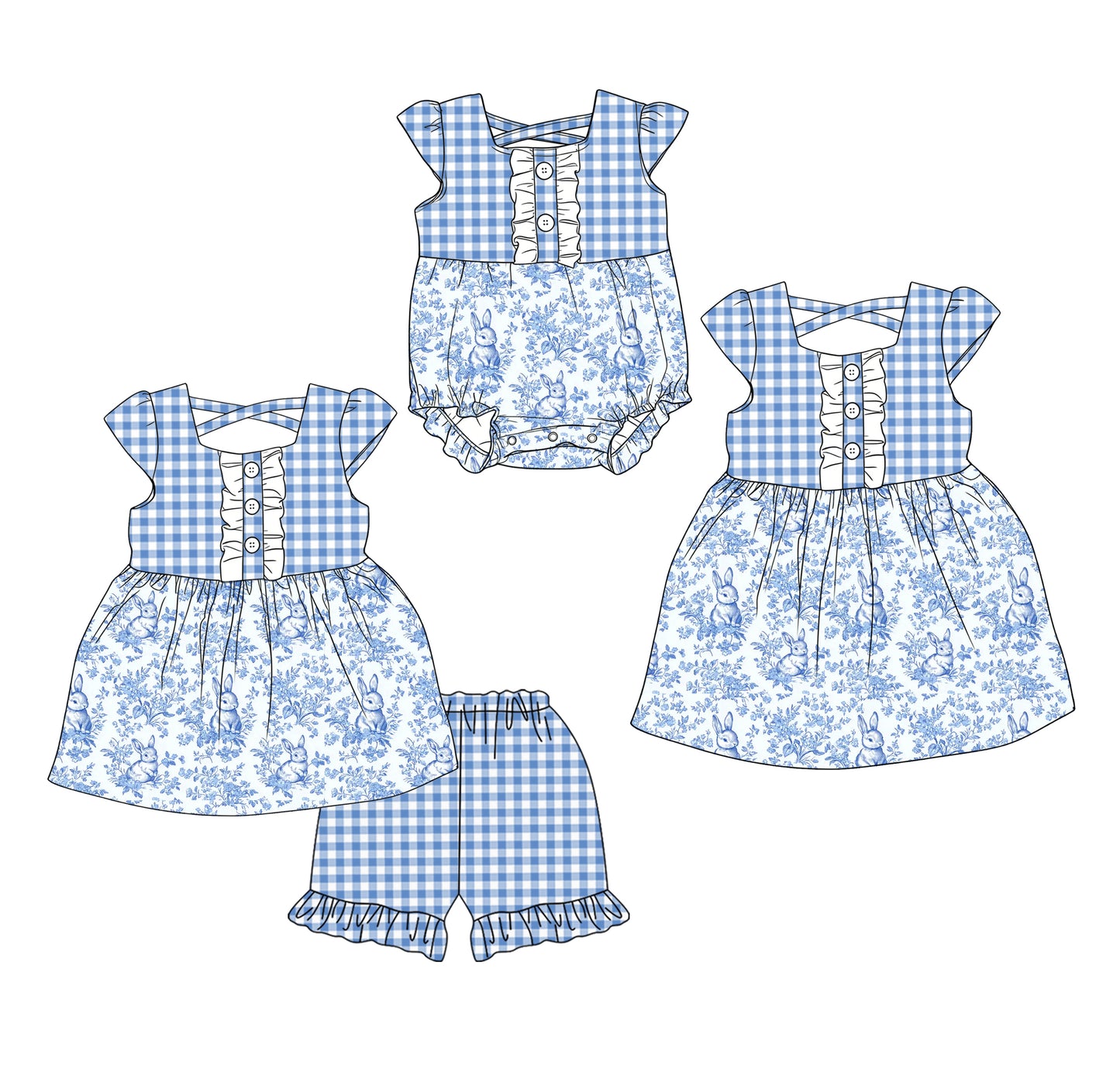 25.12.17 custom each style moq 5 eta 6-8week Sibling Sister bunny floral baby short sleeve shorts sets and romper and dress match design