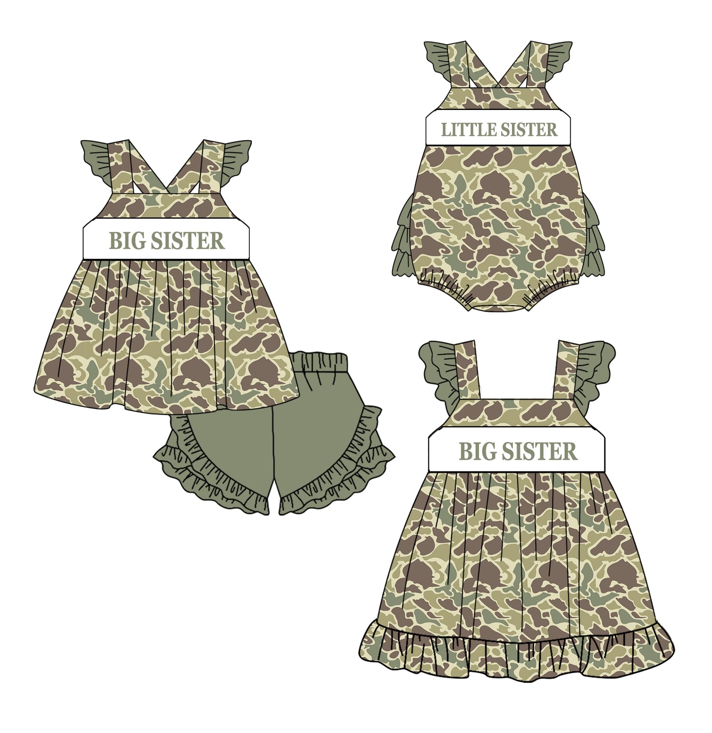 11.20 custom each style moq 5eta 4-6week Sibling Sister BIG SISTER camouflage baby girl short sleeve shorts sets and dress and rompers match family design