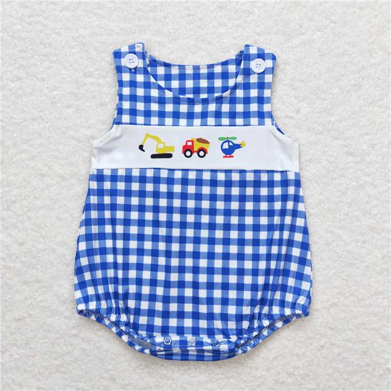Baby boys excavator truck helicopter print yellow and blue plaid Sibling Sister Clothes Sets