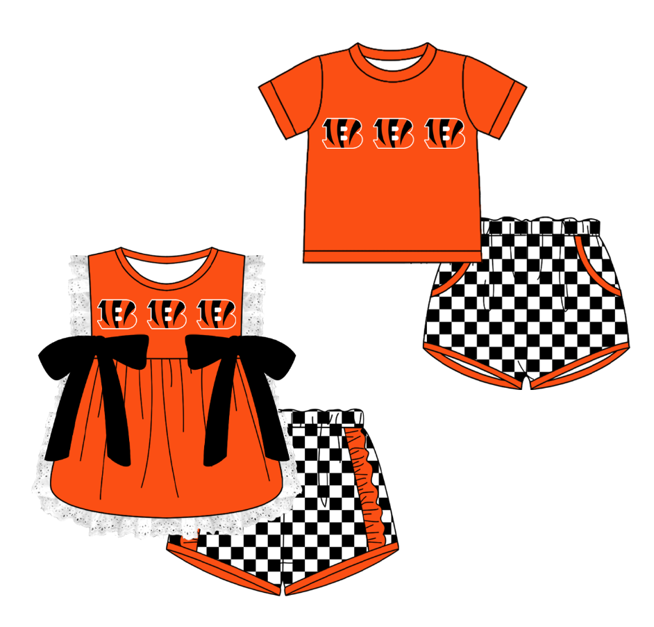 Custom moq 5 mix size milk silk summer teams Orange Red Girl Sleeveless Top And Plaid Shorts Set with Bow Boy Short Sleeved Top And Plaid Shorts Set