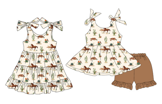 4.15 custom each style moq 5eta 4-6week Sibling Sister catcus horse baby girl short sleeve shorts sets and dresses match design