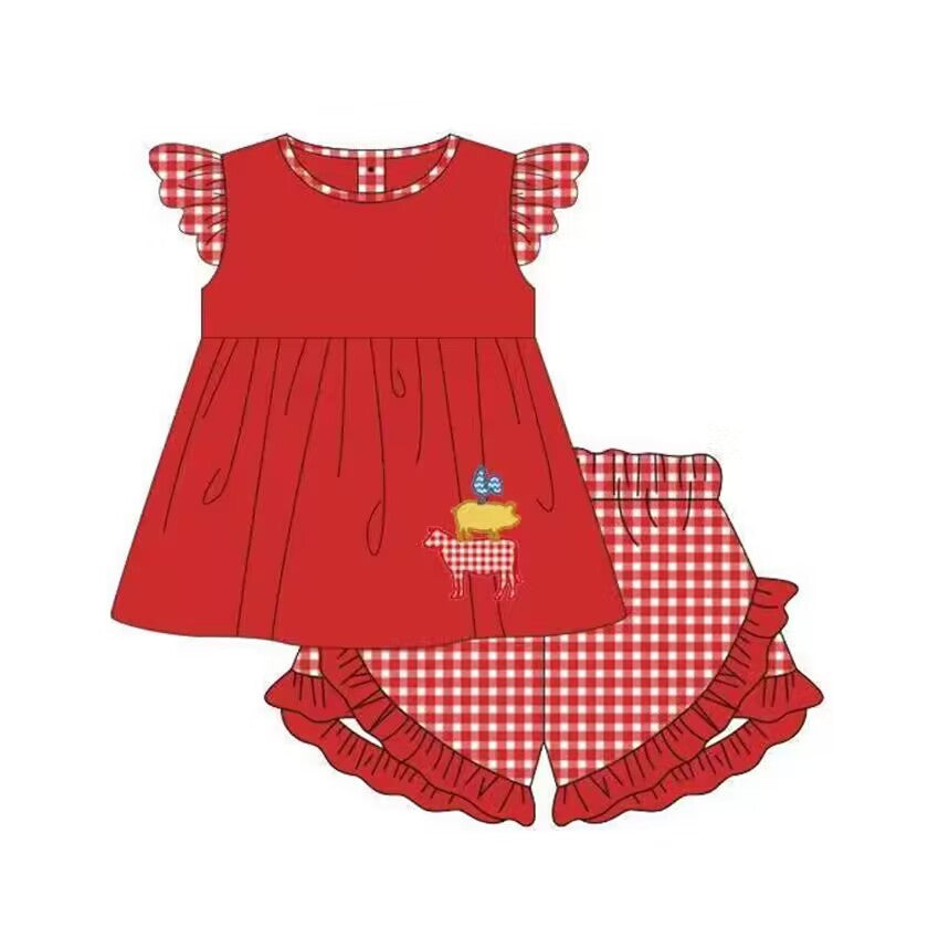 5.9custom each style moq 5eta 4-5week Sibling Sister cute farm collction prints red girls and boy outfits and baby romper match family design
