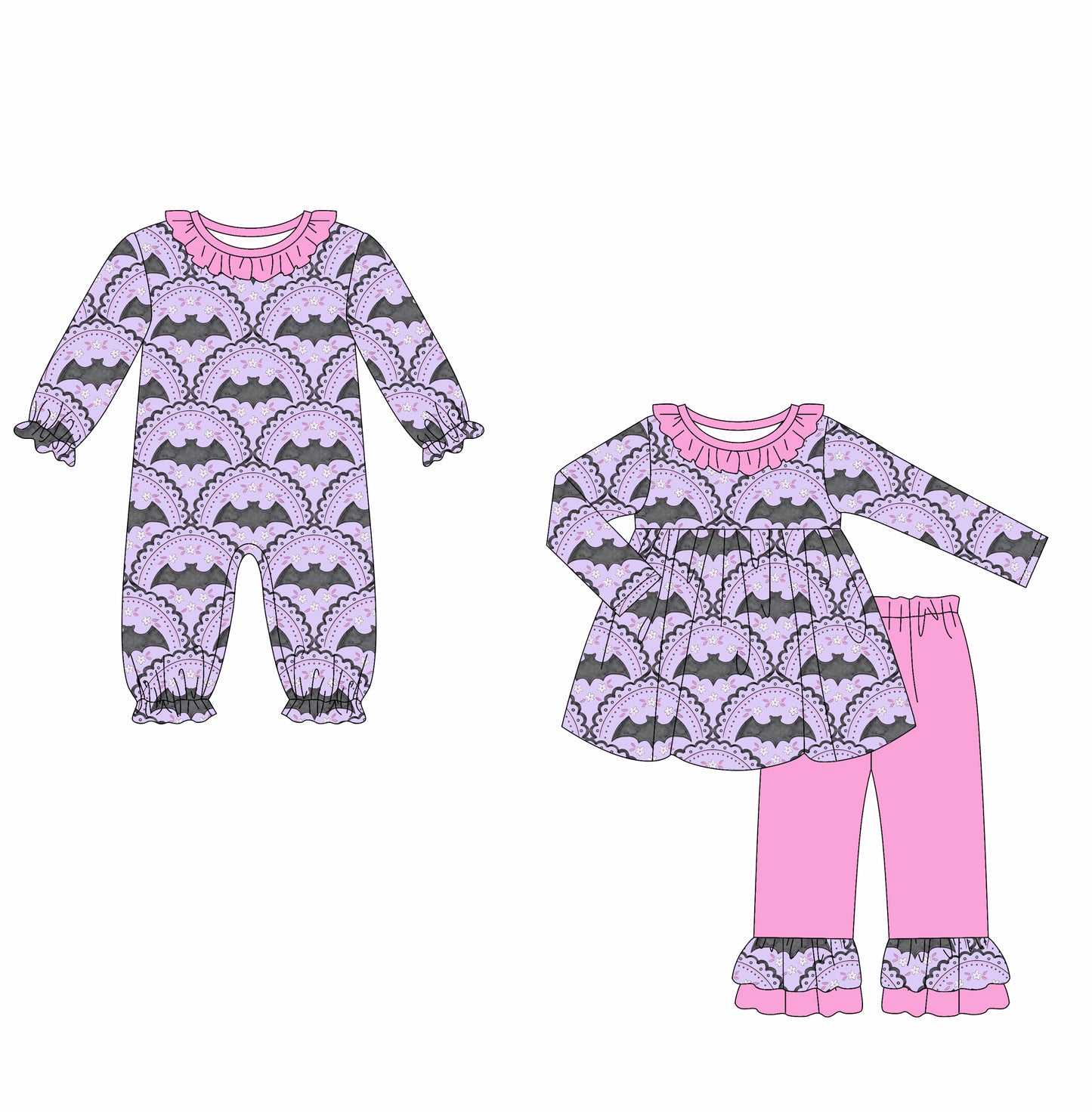 25.6.11 custom each style moq 5eta 4-6week Sibling Sisters bat purple baby girl long sleeve pants sets and rompers match family design