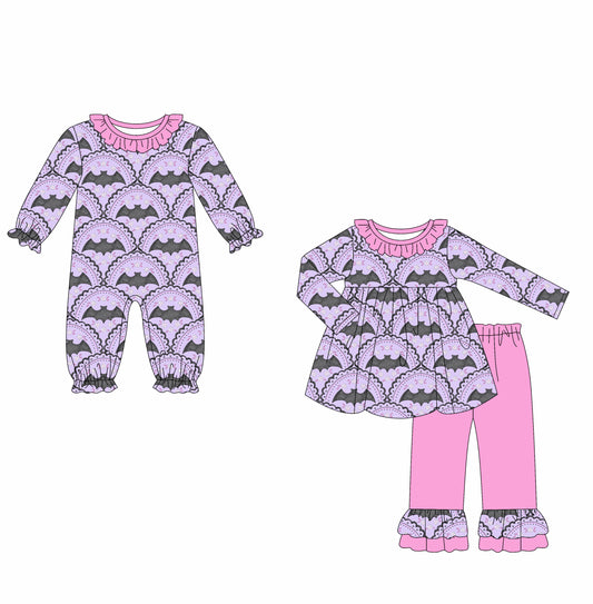 25.6.11 custom each style moq 5eta 4-6week Sibling Sisters bat purple baby girl long sleeve pants sets and rompers match family design