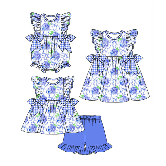 4.1 custom each style moq 5eta 4-6week Sibling Sisters bow floral baby girl short sleeve shorts sets and dress and rompers match family design