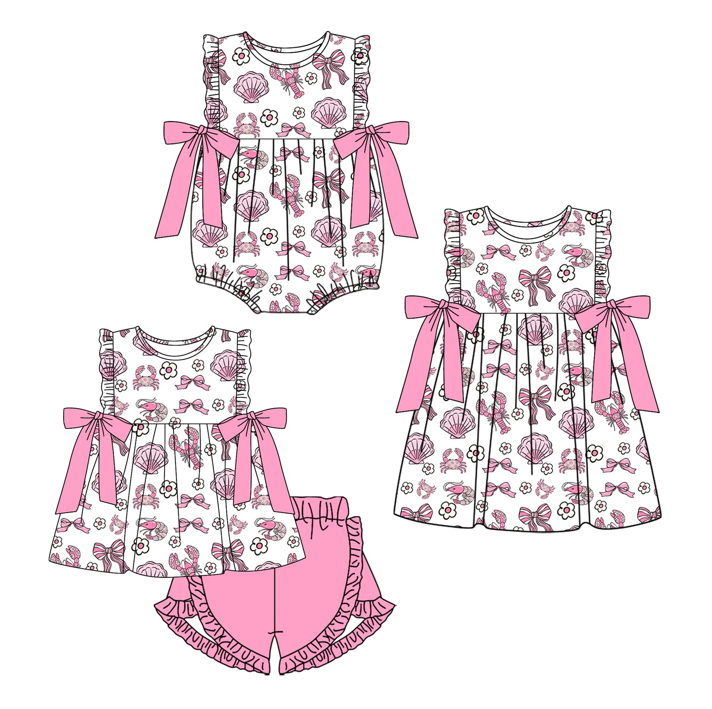 26.1.2 custom each style moq 5 eta 6-8week Sibling Sister bow lobster baby short sleeve shorts sets and romper and dress match design